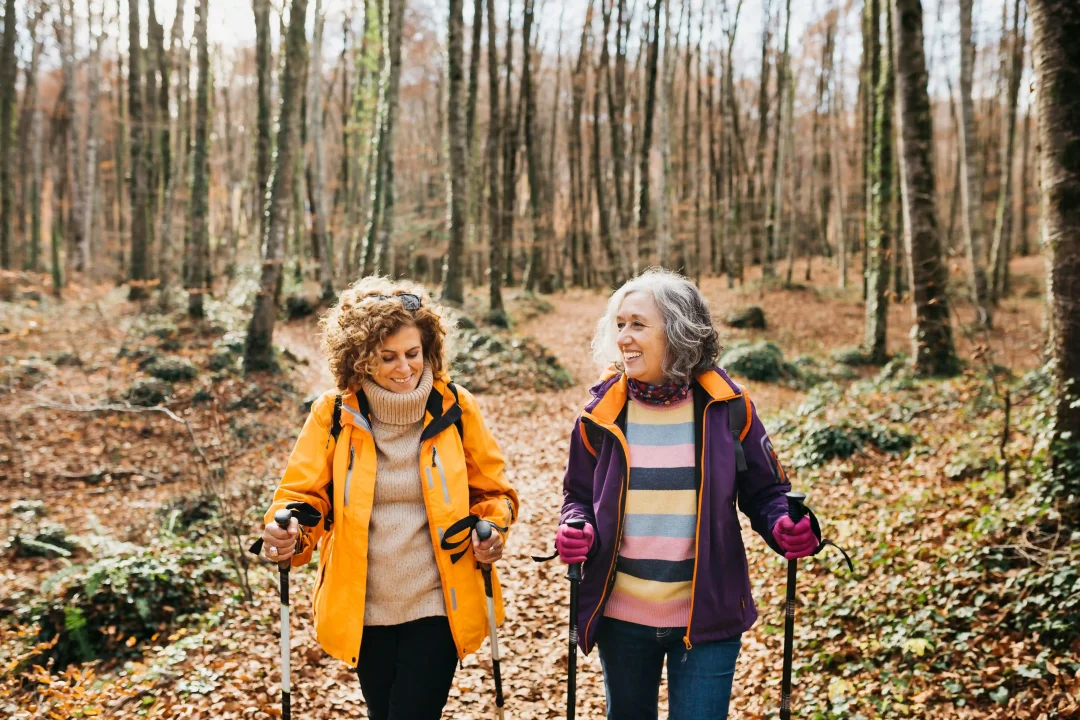 Two smiling women with walking poles out for a stroll through an autumnal forest – healthy activity in the great outdoors