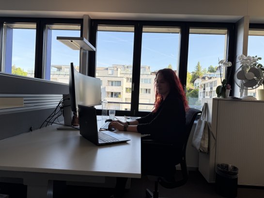 Eine Person sitz am Bürotisch