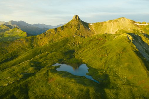 Aerial view of the alpine scenery around the Spitzmeilen hut
