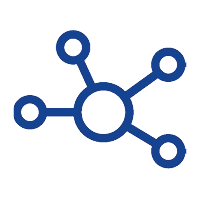 Blaues Netzwerk-Icon mit zentralem Knotenpunkt und mehreren verbundenen Elementen. Das Symbol steht für Vernetzung, wissenschaftlichen Austausch, Forschungskompetenz und die Zusammenarbeit von Experten im Bereich Mikronährstoffe und Gesundheit.