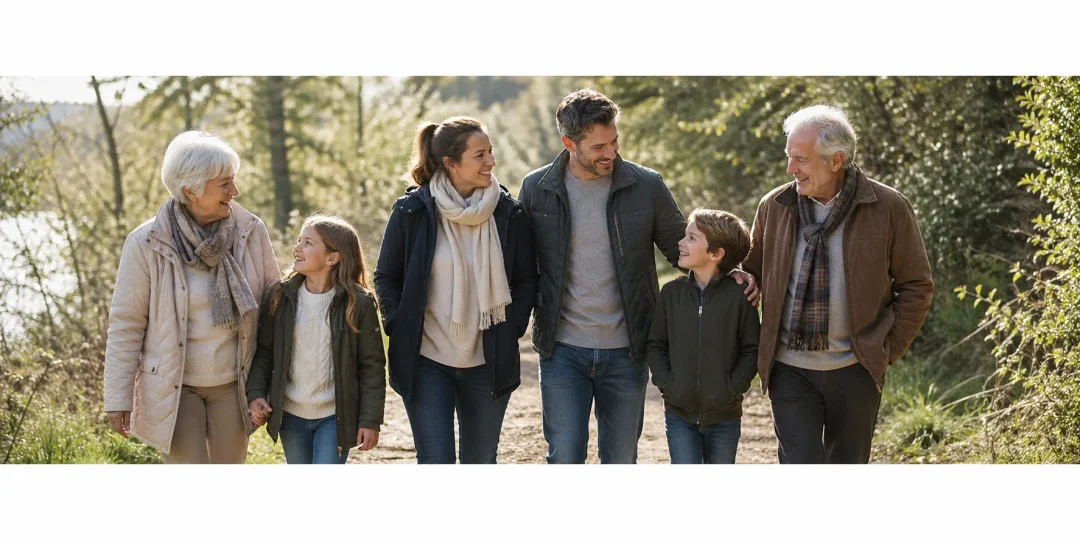 Familie verschiedener Generationen beim Spaziergang in der Natur – das Immunsystem schützt den Körper ein Leben lang und besteht aus verschiedenen Organen, Zellen und Abwehrmechanismen.