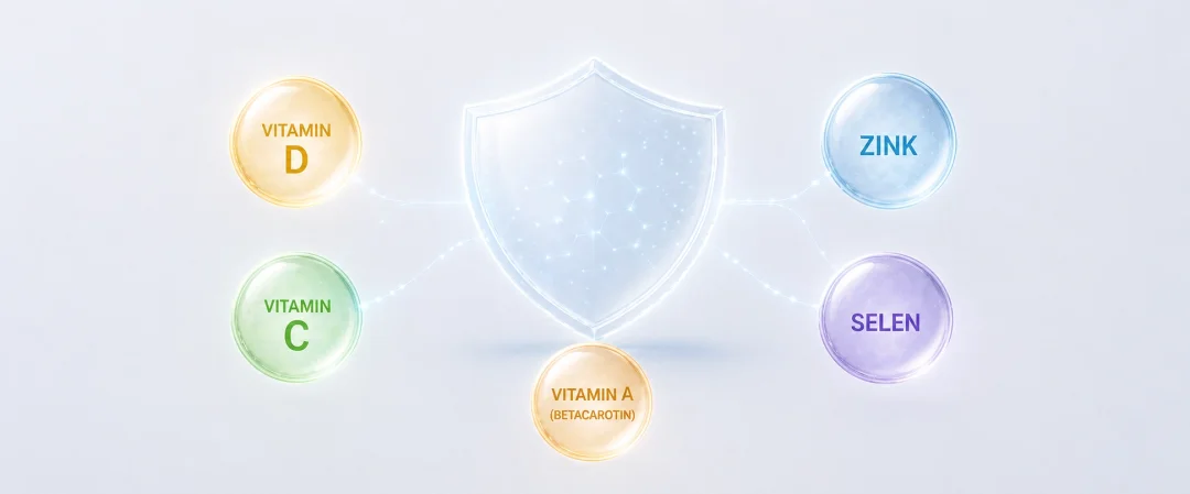 Grafische Darstellung eines Schutzschilds als Symbol für das Immunsystem, umgeben von Vitamin C, Vitamin D, Vitamin A, Zink und Selen. Die Nährstoffe tragen zu verschiedenen Funktionen des Immunsystems und zum Schutz der Zellen bei.
