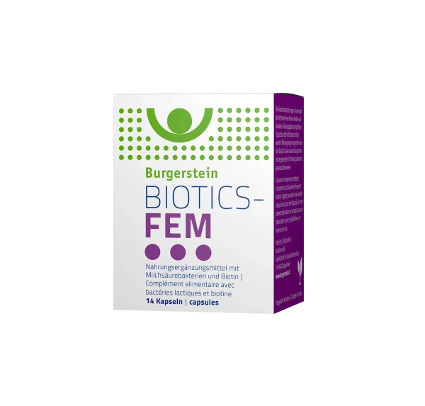 Abbildung der Packung Burgerstein BIOTICS-FEM mit Milchsäurebakterien, 14 Kapseln.