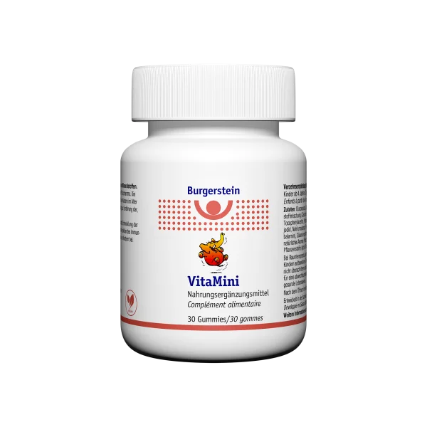 Produktbild von Burgerstein VitaMini mit den Elefanten-Gummies daneben.