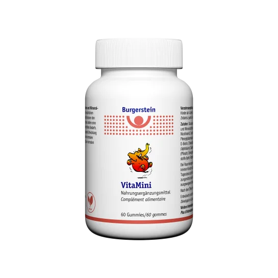 Packshot Burgerstein VitaMini Gummies - végétalien, sans gélatine, au goût naturel de pêche.