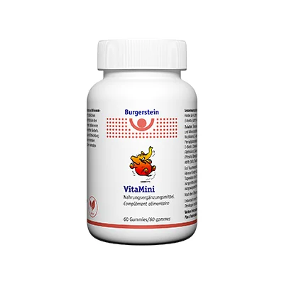 Packshot Burgerstein VitaMini Gummies – vegan, ohne Gelatine, mit natürlichem Pfirsichgeschmack.