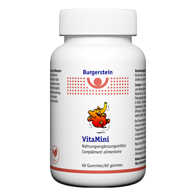 Photo produit Burgerstein VitaMini Gummies – végétaliennes, sans gélatine, au goût naturel de pêche.